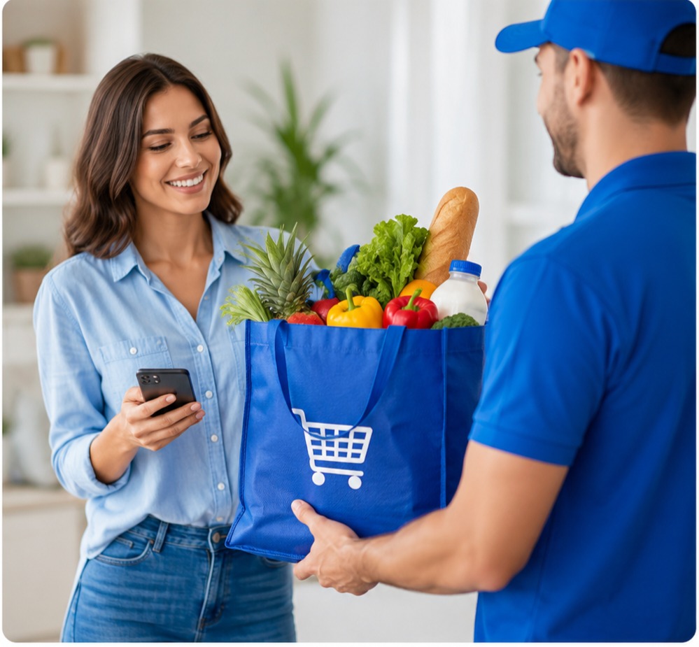 LetsShop courier handing over a delivered grocery bag